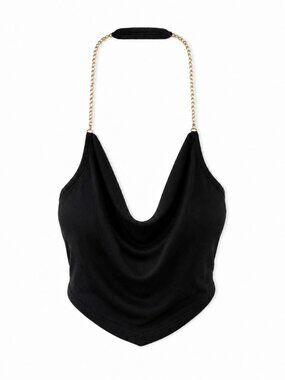 🦋 2/30 Wet Seal Black Gold Chain Halter Cowl Neck Crop Top Size M